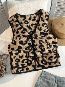 Teen Girl Leopard Print Vest Jacket, Autumn/Winter - Multicolor - View 1