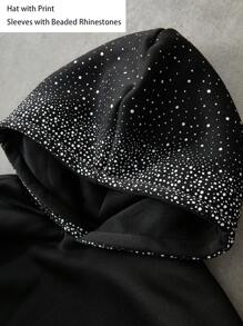 Manfinity Roghcode 男士星空渐变闪亮水钻装饰黑色连帽衫，钻石连帽衫，黑色水钻连帽衫，2000 年代风格 - 黑色 - 查看 3