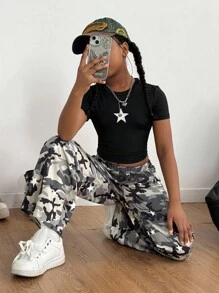 Sparklyn 2pcs/Set Tween Girl Streetwear Square Neck Star Print Tight Fit Short Sleeve T-Shirt + Loose Camouflage Wide Leg Pants, Casual Outfit, School, Campus, College