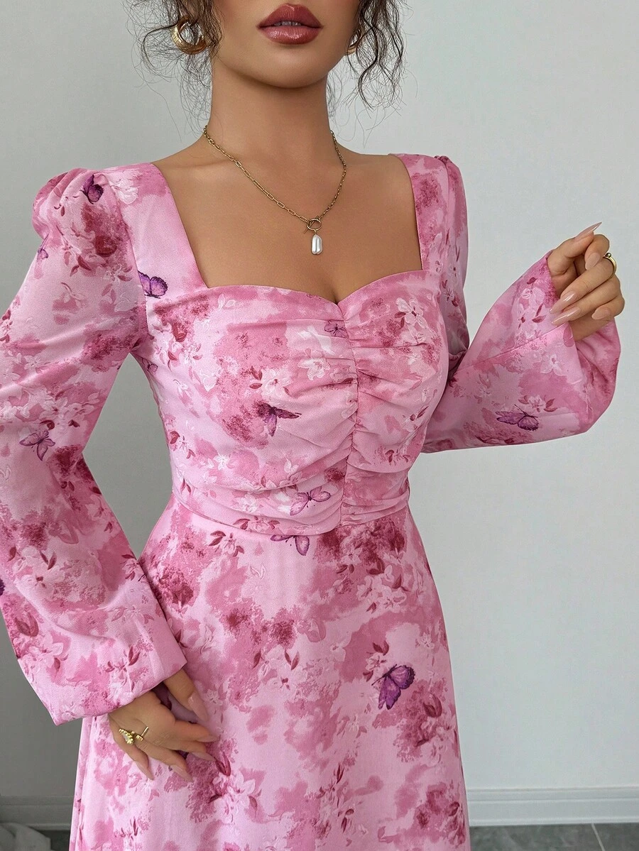 Modelyn Women's Autumn Long Sleeve Chiffon Dress With Front Ruched Design & Butterfly Print Pattern Fall Cloth For Women - Pink - View 1