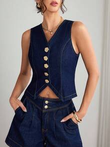 SHEIN Elenzya 女式纯色休闲无袖牛仔上衣 - 藍色 - 查看 1