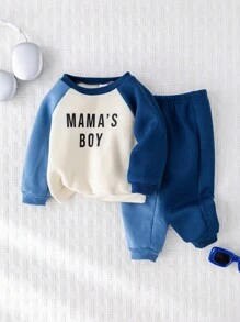 Cozy Pixies 2pcs Baby Boy Letter Print Soft Knit Crew Neck Long Sleeve Sweatshirt And Elastic Waist Pants Set Mamas Boy Outfit Baby Boy Sweatsuit Mommys Boy Baby Clothes Fall Winter - Blue - View 5