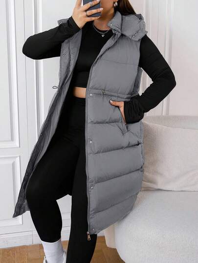 EURMUSE Plus Size Long Hooded Black Winter Vest Jacket