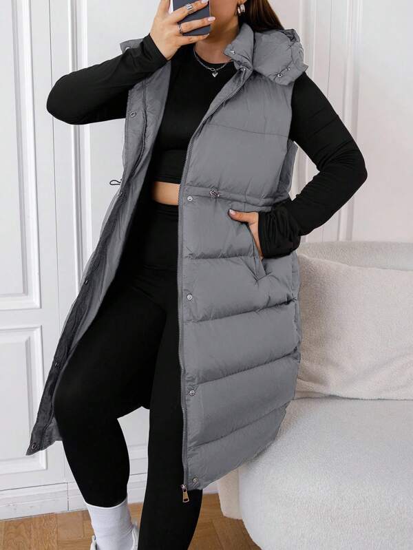 EURMUSE Plus Size Long Hooded Black Winter Vest Jacket