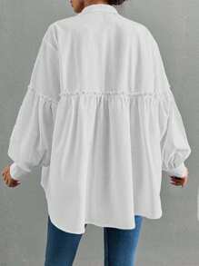 100% 纯棉女士优雅纯色立领灯笼袖衬衫，荷叶边饰边，水钻装饰和褶皱，春夏季 - 白色 - 查看 2
