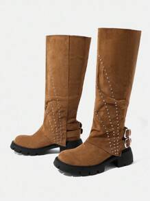 Styleloop 过膝编织靴，适合度假、波西米亚风、西部风、音乐节、万圣节、圣诞派对装 - 棕色 - 查看 3
