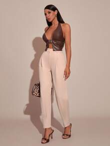 SHEIN Pantalon de costume plissé de couleur unie pour femmes - Beige - Voir 4