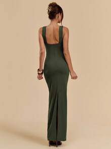 SHEIN BAE Đầm ôm sát cổ xếp nếp màu xanh lá cây đậm/xanh lá cây, Đầm ôm sát thanh lịch - Màu be - Xem 2