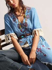 Bohemela 波西米亚风西部牛仔复古度假波西米亚刺绣休闲梭织女式牛仔连衣裙