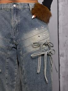 Jeanoix Plus Size Women's Fashionable Vintage Lace-Up Wide Leg Cargo Jeans Punk - Medium Wash - View 5