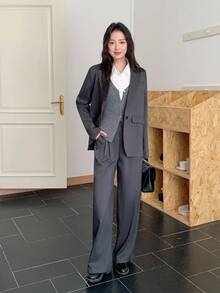 2pcs Teen GirlJacket Set, Gray Fabric, Lapel Collar, Fake Pocket Cover, Suitable For Commuting, Walking, Shopping, Can Be Paired With Long/Short Sleeve Fall Winter