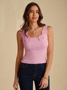 Enchnt Summer Romantic Women Pink 3D Flower Decor Ribbed Fitted Tank Top, Casual & Comfortable For Birthday & Holiday Party & Sweet Date & Daily Commuting & Vacation & Wedding Season Essential,Summer Versatile For Women,Concert Women,Elegant - Pink - View 6