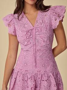 Enchnt Autumn And Winter Women's Elegant Purple Floral Embroidery V-Neck Ruffle Hem Mini Dress, Sweet&Elegant For Birthday& Holiday Party&Sweet Date Night&Daily Commuting&Vacation&Graduation Season&Afternoon Tea&Garden Parties&Going Out,Back To School,Fall Outfits For Women