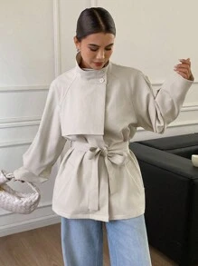 Livesso 秋冬新款宽松休闲加厚风衣女式常规外套女式大衣 - 卡其色 - 查看 2