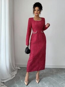 Elenzga Damen Patchwork Saum Schlitz Bleistiftrock, tailliertes Design, langes elegantes vintage minimalistisches Kleid, geeignet für Ausflüge, Dates, Alltag, Teegesellschaften, Herbst/Winter - Bordeaux - Übersicht 3
