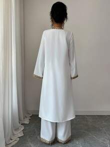 Elenzga 女士金色蕾丝拼接宽松长款休闲优雅两件套服装，适合外出、日常穿着、秋季 - 白色 - 查看 2