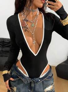 Coolane 女士夏季外出度假服装街头演唱会服装弹力撞色滚边深 V 领长袖紧身衣 - 黑色 - 查看 3