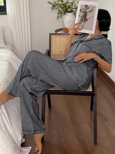 Zwart Wit Gestreepte Pajama Pant Set Women Regular Fit Button Down Pyjama Up Nightgown view 6