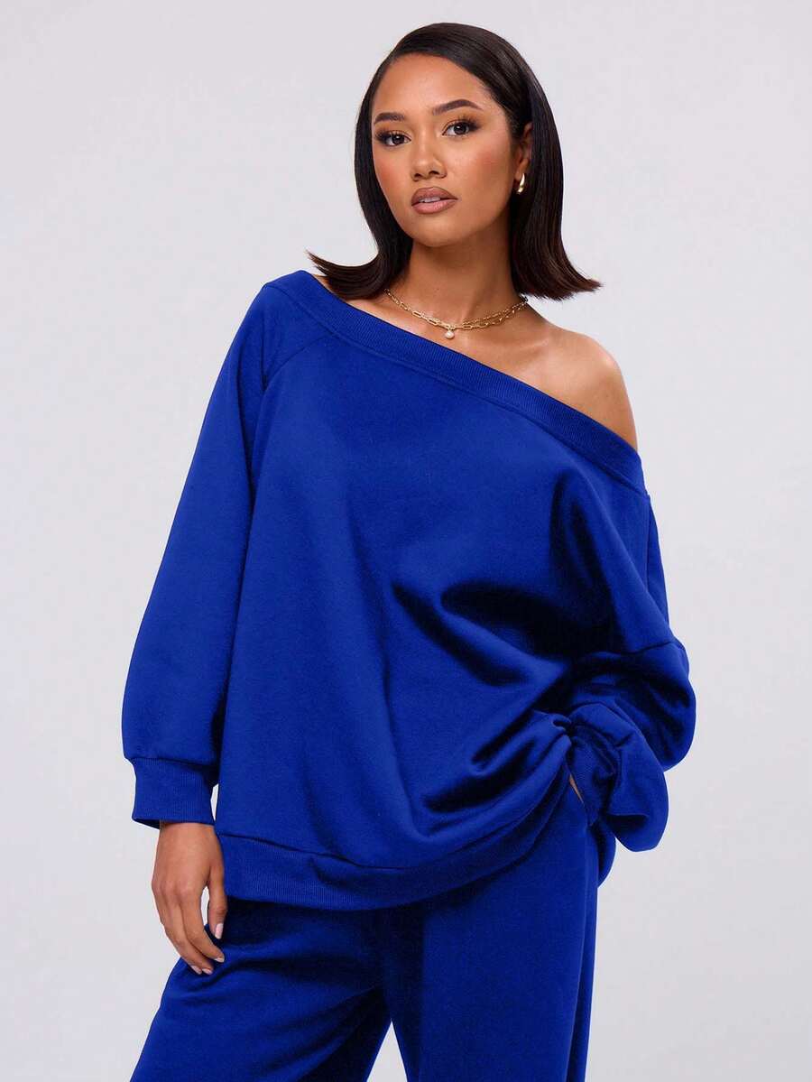 EURMUSE Loose Fit Asymmetrical Shoulder Sweatshirt Long Sleeve Tops - Royal Blue - View 1