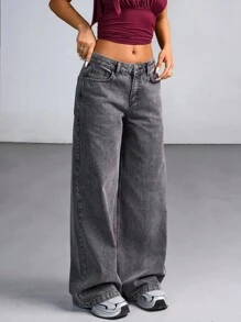 EURMUSE 低腰灰色洗水宽松阔腿牛仔裤 - 灰色 - 查看 6