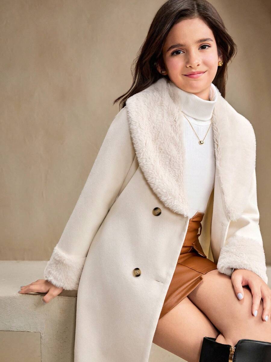 Tween Girl Coat Fall Clothes Fall Long Sleeve White Tween Girl Solid Color Fur Collar Zip Up Double-Breasted Mid-Length Jacket
