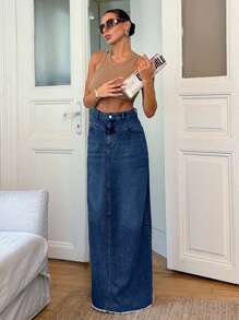 100% Cotton Low Waist Denim Wide Hem Denim Skirt - Dark Wash - View 3