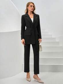 SHEIN Cottnline Lapel Neck Belted Blazer & Pants - Black - View 6