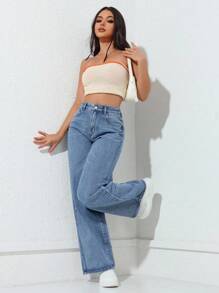 牛仔前扣多口袋休闲裤 - 藍色 - 查看 5