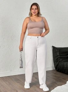 RueChic 高腰休闲纯色妈妈装牛仔裤 - 白色 - 查看 7