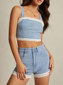 WESTFADE Western Mixed Media Cotton Blend Denim & Summer Floral Eyelet High Rise A Line Ruffle Shorts Back To School Cute Fall Country Summer Beach Vacation - Light Wash - View 4