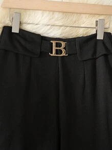 GlowEve 女式优雅纯色金属装饰喇叭西装裤，黑色 - 黑色 - 查看 3
