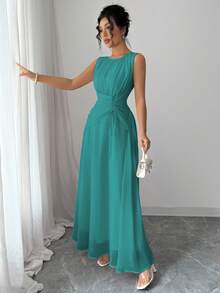 Elenzga Váy Maxi Chiffon Thanh Lịch Thường Ngày Cho Nữ, Phong Cách Cổ Điển Lãng Mạn, Phù Hợp Đi Biển, Trà Chiều, Tiệc Tùng, Đám Cưới, Đi Làm, Không Tay, Eo Rút, Lưng Xếp Ly, Có Lót, Xuân/Hè - Màu xanh ngọc - Xem 6