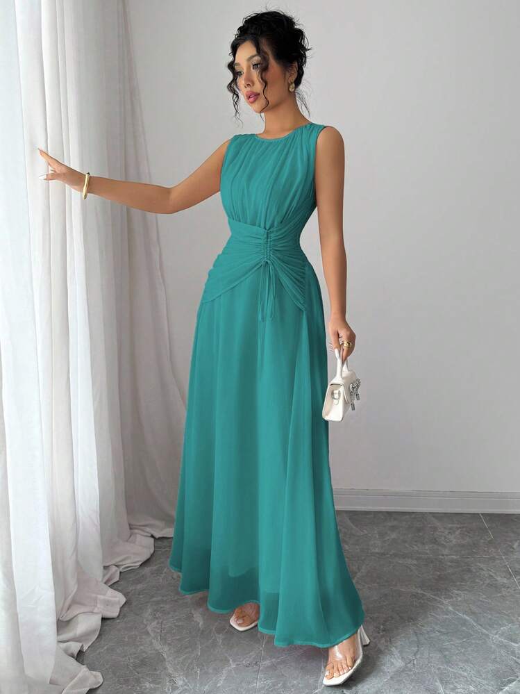 Elenzga Women's Casual Elegant Chiffon Maxi Dress, Romantic Vintage Style, Suitable For Beach, Afternoon Tea, Party, Wedding, Commuting, Sleeveless, Drawstring Waist, Pleated Back, Lined, Spring/Summer - Teal Blue - View 6