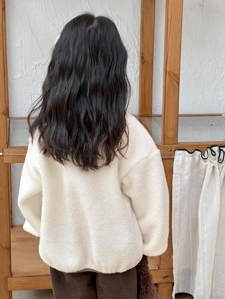 Young Girl' Sherpa Embroidered Korean Style Long Sleeve Sweatshirt, Spring/Autumn