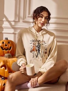 Glamance Lemon Design 女式字母和骷髅印花长袖抽绳连帽休闲运动衫万圣节运动衫图案连帽衫女式秋季服装女式万圣节连帽衫图案运动衫外出秋冬 - 杏色 - 查看 6