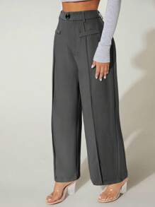 SHEIN PETITE 實色縫線前開衩寬褲 - 灰色 - 查看 4