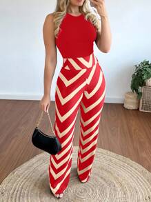 INAWLY Elegant Fitted Round Neck Tank Top & Straight Leg Pants Sexy Ladies Jumpsuit