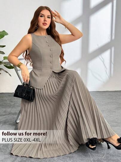 Firerie Plus Size Women's Grey Summer Elegant Office Blazer Vest & Pleated Skirt 2 Pieces Set,Boat Neck Faux Pocket Decor Business Casual Old Money Style