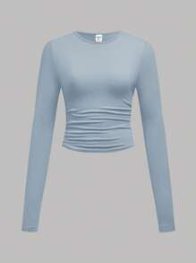 SHEIN Girlism Set de 3 camisetas de manga larga de cuello redondo y unicolor con pliegues casuales para adolescentes chicas