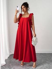 SHEIN PETITE Váy maxi cổ vuông không tay viền bèo màu trơn thanh lịch dành cho nữ cỡ lớn mùa Giáng sinh, mùa hè - Đỏ - Xem 1