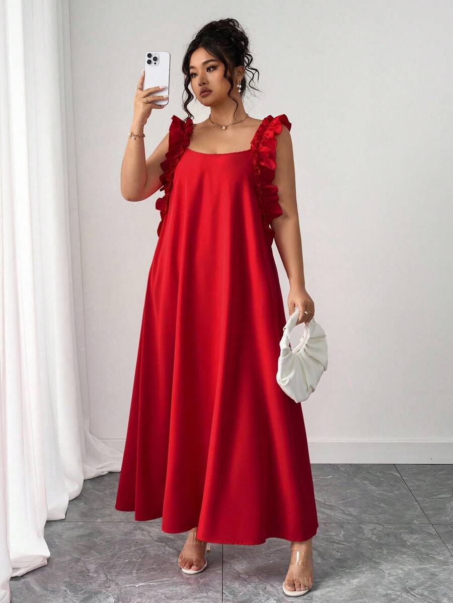 SHEIN PETITE Váy maxi cổ vuông không tay viền bèo màu trơn thanh lịch dành cho nữ cỡ lớn mùa Giáng sinh, mùa hè - Đỏ - Xem 1