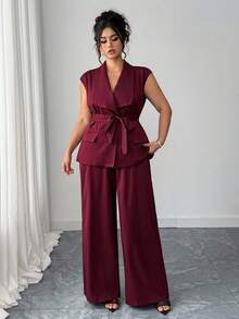 Elenzga Plus Size Women's Elegant Asymmetrical Lapel Open Front Blazer With Belt & Wide Leg Pants 2 Pieces Set, Spring/Summer - Burgundy - View 3