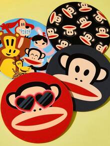 Paul Frank X SHEIN 4件套卡通猴子印花PU皮革杯垫，办公桌装饰，隔热，猴子，时尚 - 彩色 - 查看 3