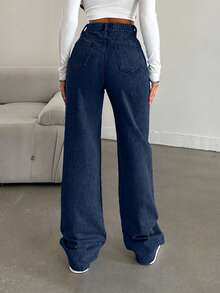 SHEIN Cottnline Snow Wash Straight Leg Jeans High Rise ,Petite Women - Navy Blue - View 2