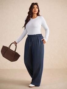 Elaquor Pantalones casuales de moda para mujer de talla grande, adecuados para vacaciones - Azul Marino - Ver 4