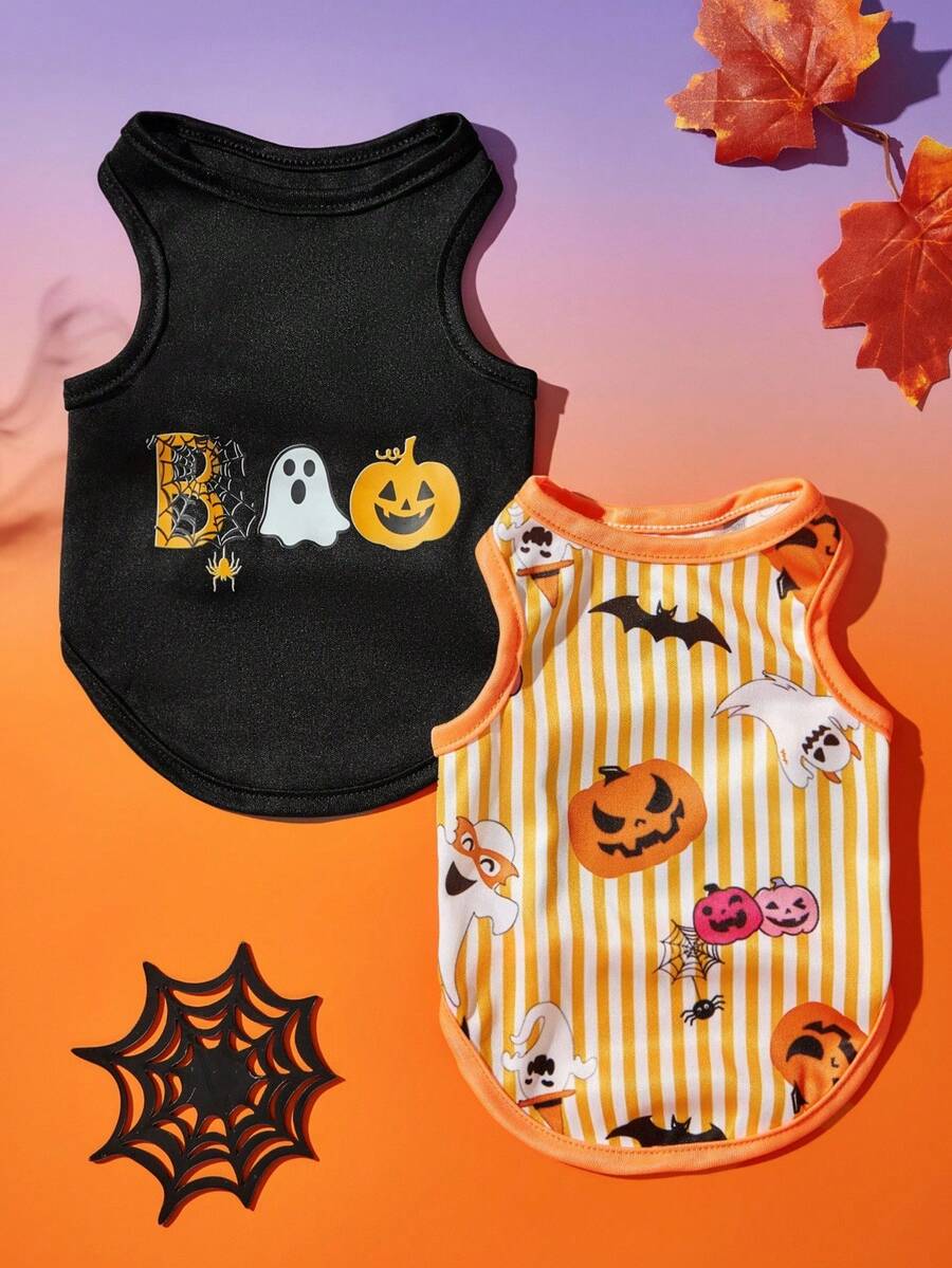 2pc Pet Cat Dog Universal Halloween Striped Pumpkin Ghost Cartoon Pattern Printed Fashionable, Breathable And Comfortable Dog Vest, PETSIN Original Design - Multicolor - View 1