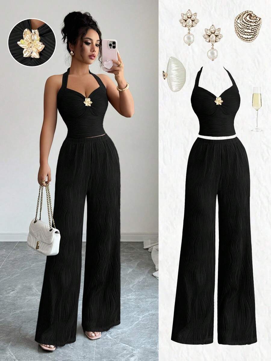 Selianne Bộ trang phục họa tiết gợn sóng phong cách Mỹ cổ điển Y2K mới, áo crop top dây mảnh trang trí hoa kim loại + quần ống đứng, bộ 2 món cho nữ, phù hợp cho ngày lễ Độc lập, phong cách Stockholm màu nâu - màu đen - Xem 1