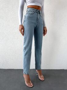 EURMUSE 100%Cotton High Waist Slant Pocket Casual Mom Fit Jeans - Blue - View 5