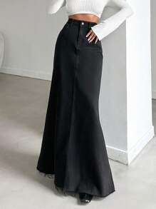 SHEIN Tall High Waist Raw Hem Denim Skirt - Black - View 3