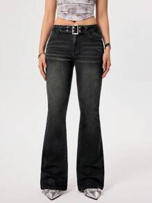 SHEIN EZwear 女式中腰休闲时尚修身纯色喇叭牛仔裤 - 黑色 - 查看 6